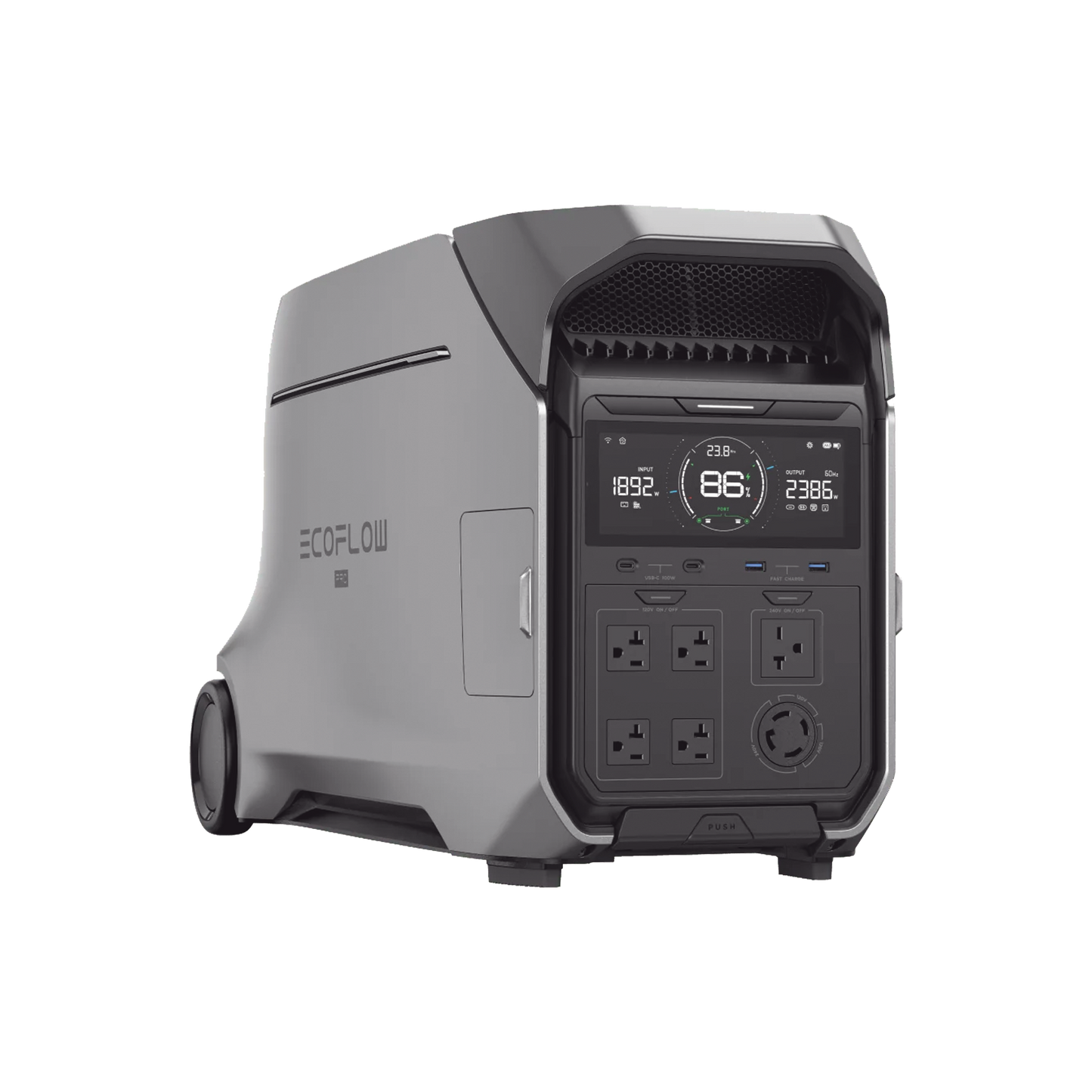 EFD521 - Estación de Energía Portátil DELTA PRO3 / 4096Wh Litio LFP / 5 AC 4000W (8000W Pico) / 2 USB-C 100W / Capacidad para Aumentar Respaldo / Cargador de Coche 10A a 12.6V / Conectividad WiFi y Bluetooth (App) / Carga Solar 2600W Max. (2 P