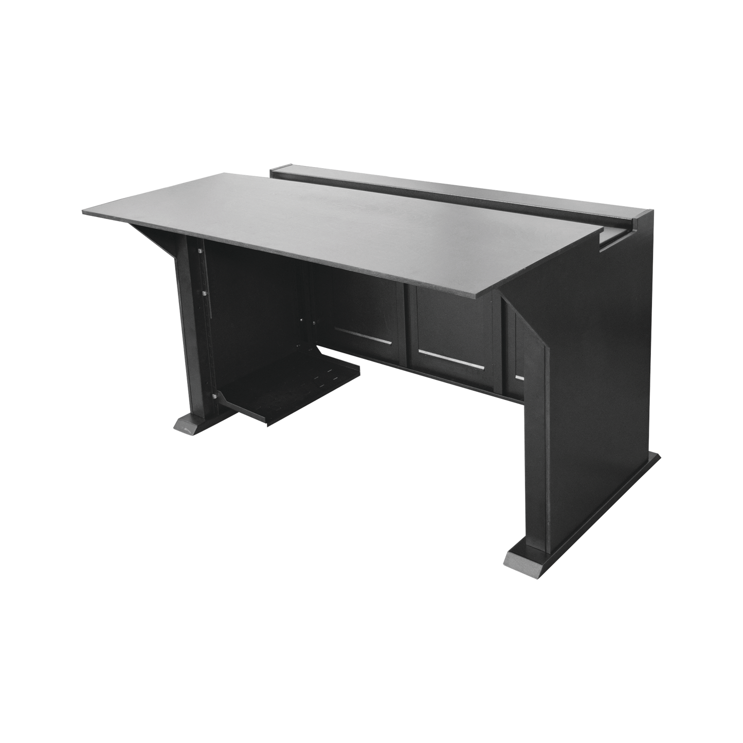 EM-S02 - Escritorio Estación Mobiliaria Profesional de Monitoreo y Control / Videovigilancia / Acceso / Alarmas / Etc... / Metal Negro y Madera Tono Oscuro