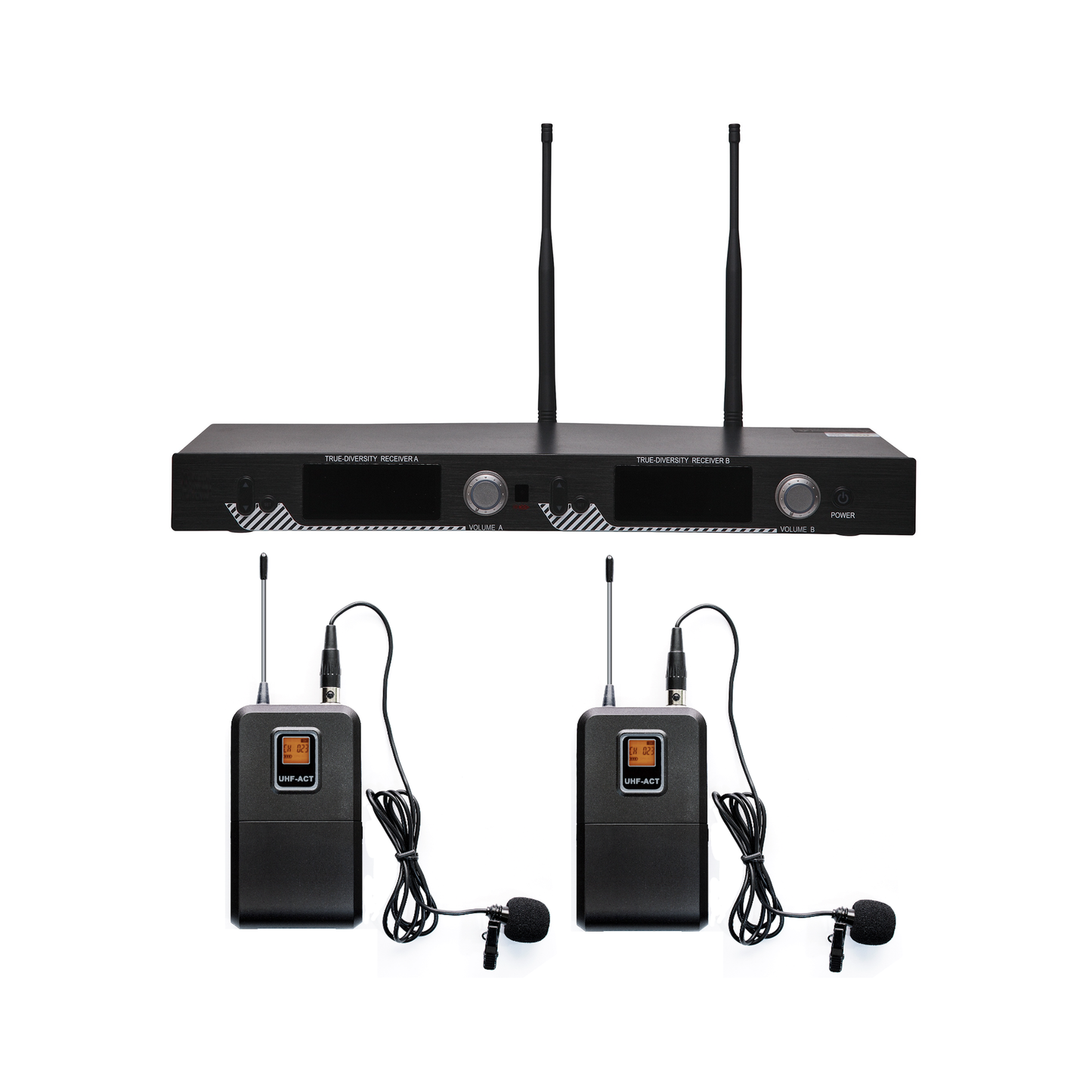 EP521UL Kit de Microfonía inalámbrico | 2 Micrófonos de Lavalier | Receptor UHF | Pantalla LCD | 200 Canales | Gran cobertura