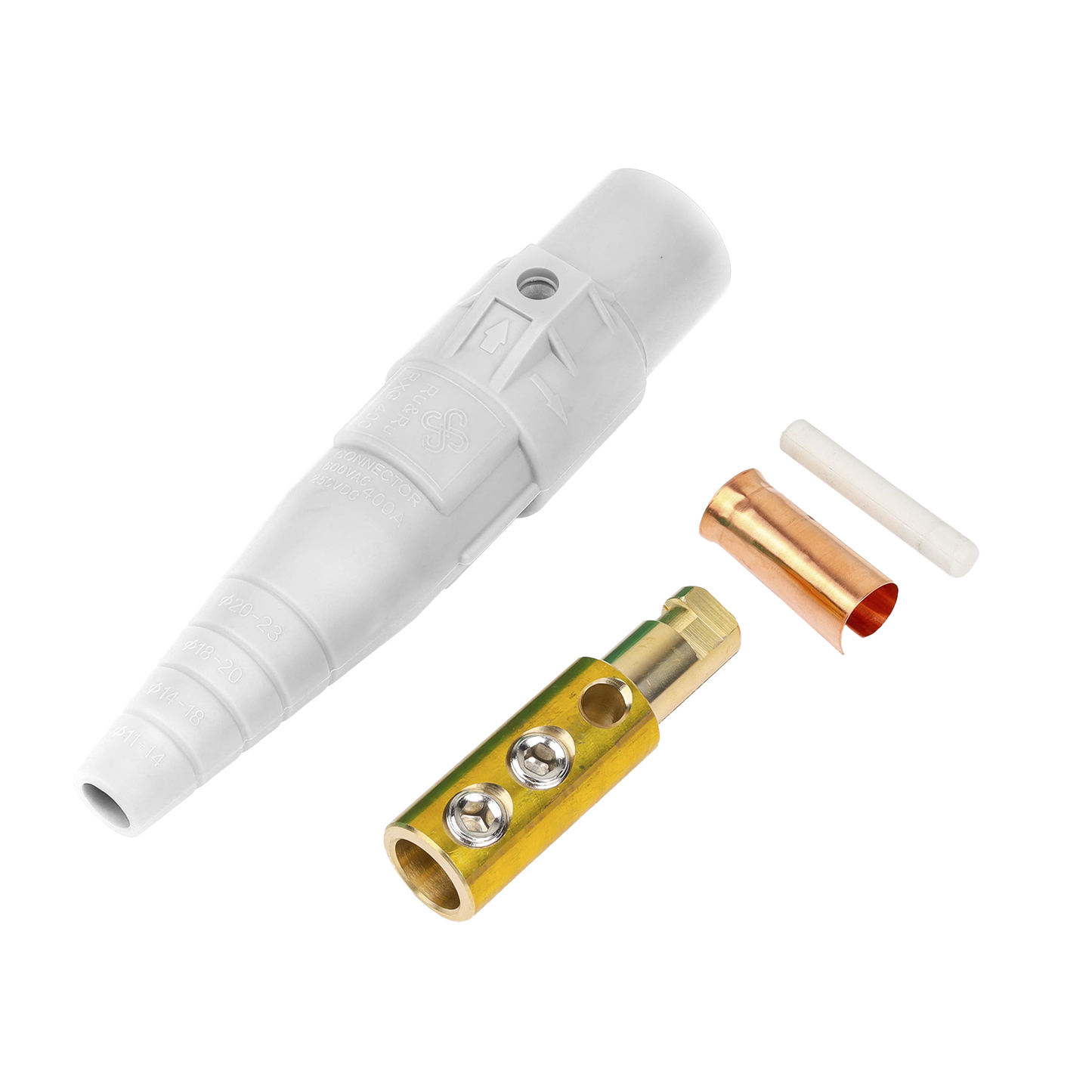 EP-CAMLOCK-400A-M-WHITE - Conector Macho Camlock / 400 Amperes / 600V AC / Sección Cable 50-95 mm² / Abrazadera Compresión / Plástico Ingeniería / Múltiples Colores