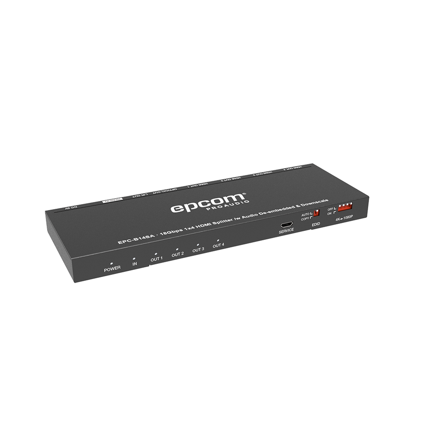 EPC-B14SA Splitter HDMI 1x4 | 1 Entrada a 4 salidas (Simultaneas) | 4K@60Hz | Extractor de Audio | Down Scaler | HDR 4:4:4 | EDID | 18Gbps