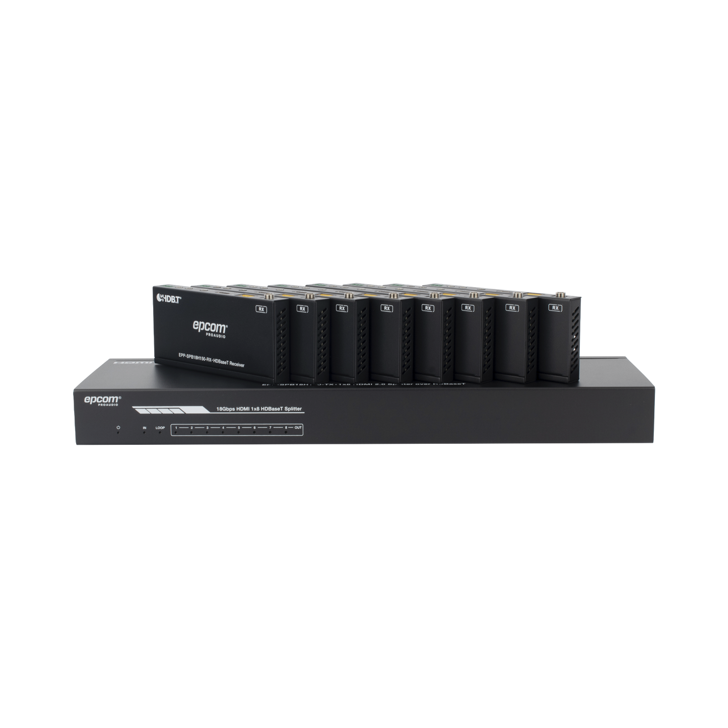 EPP-SPB18H150 - Splitter mas Extensor de Video | 1x8 | ProAV | HDBaseT™ | 120m en 4K@60Hz | 150m en 1080p@60Hz | Cat6/6a/7 | Gestión Avanzada EDID | Control IR y RS232 | PoC | Salida de Audio