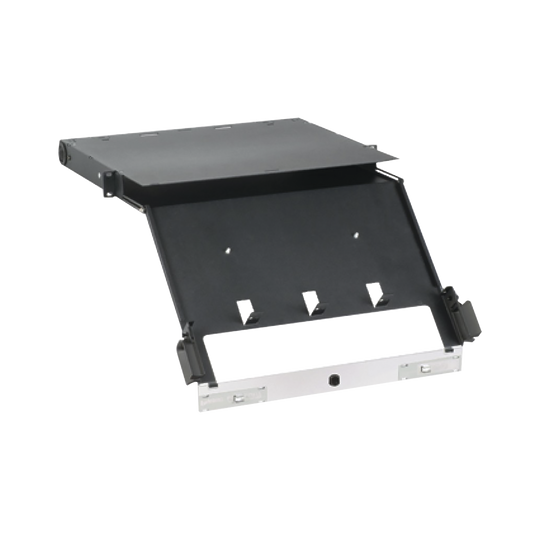 FCE1U Panel de Distribución de Fibra Óptica, Acepta 4 Placas FAP o FMP, Bandeja Deslizable e Inclinable Hacia Abajo, Hasta 96 Fibras, Color Negro, 1UR