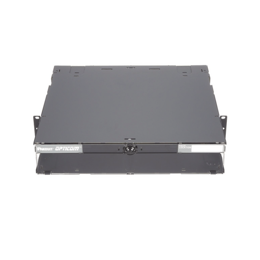 FCE2U Panel de Distribución de Fibra Óptica, Acepta 8 Placas FAP o FMP, Bandeja Deslizable e Inclinable Hacia Abajo, Hasta 192 Fibras, Color Negro, 2UR