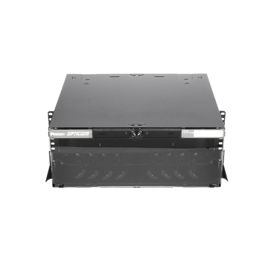 FCE4U Panel de Distribución de Fibra Óptica, Acepta 12 Placas FAP o FMP, Bandeja Deslizable e Inclinable Hacia Abajo, Hasta 288 Fibras, Color Negro, 4UR