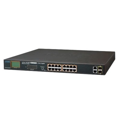 FGSW-1822VHP Switch no administrable PoE+ Extended, Aislamiento VLAN de 16 puertos + 2 combo TP/SFP Gigabit y Pantalla