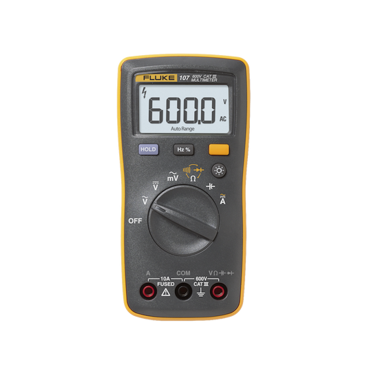FLUKE-107ESP Multímetro Digital de Tamaño Compacto, Para Medición de Corriente y Tensión, Uso con Voltaje Máximo de 600 V, Pantalla LED Retroiluminada