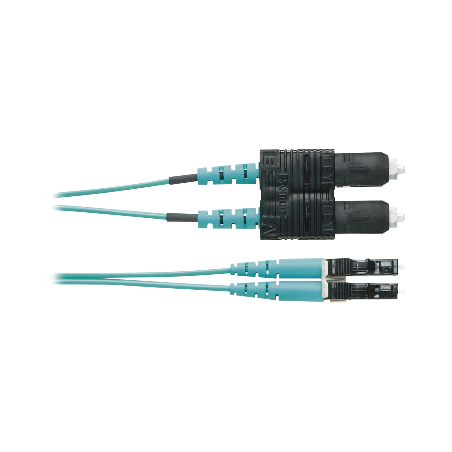 FZ2ERLNSNSNM002 - Jumper de Fibra Optica Multimodo 50/125 OM4, LC-SC Duplex, OFNR (Riser), Color Aqua, 2 Metros (6.56 Pies)