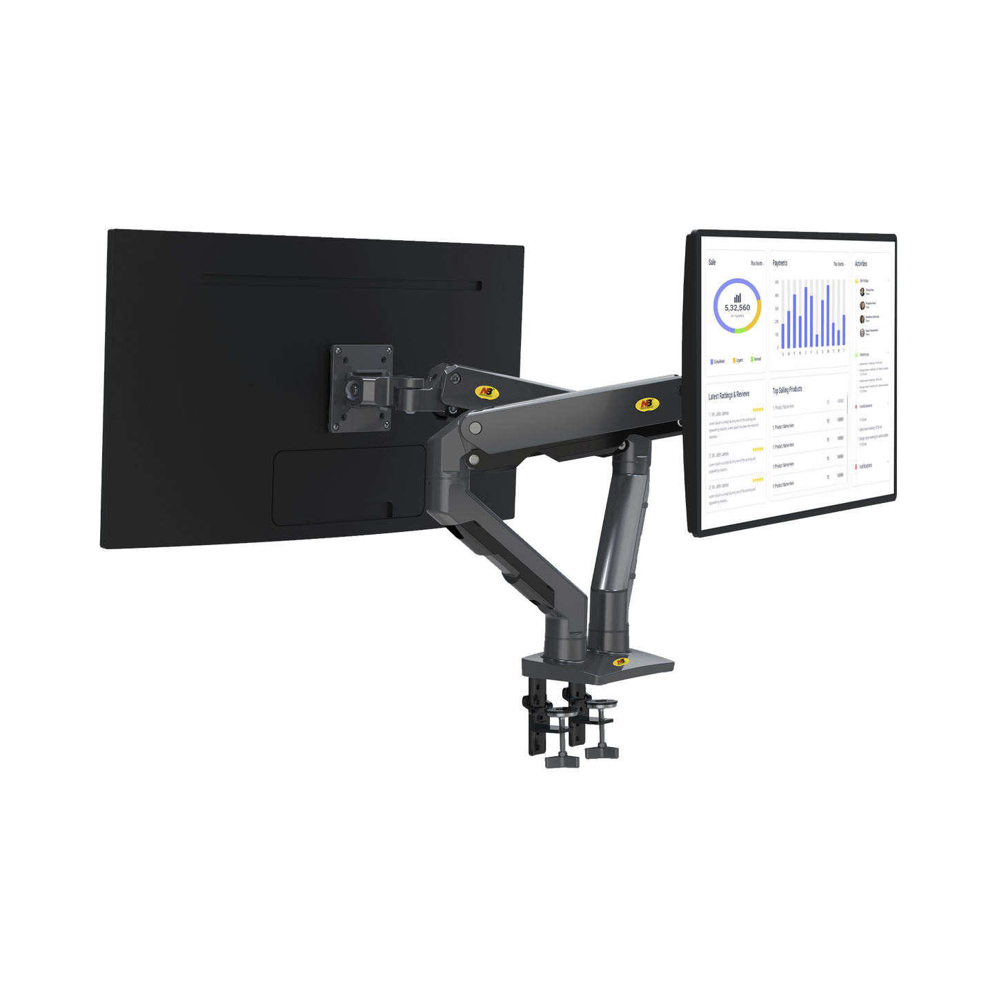 G65-NB - Montaje de Escritorio articulado para 2 monitores de 27-34" / Soporta hasta 16 kg por brazo/ Vesa 75 x 75 / 100 x 100 / Acero / Giro: 360°