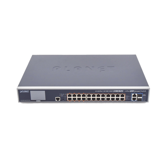 GS-6320-24UP2T2XV Switch Administrable L3, 24 puertos Gigabit PoE 802.3bt, 2 puertos 10G SFP+, Pantalla Tactil, Fuente Redundante, (600W)