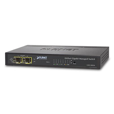 GSD-1002M - Switch Administrable de Escritorio de 8 Puertos Gigabit/ 2 Puertos SFP / 20 Gbps Switching / PoE In 802.3af/at / Dual Power DC + PoE / VLAN Q-in-Q / IPv6/IPv4/ Administración Remota con CloudNMS