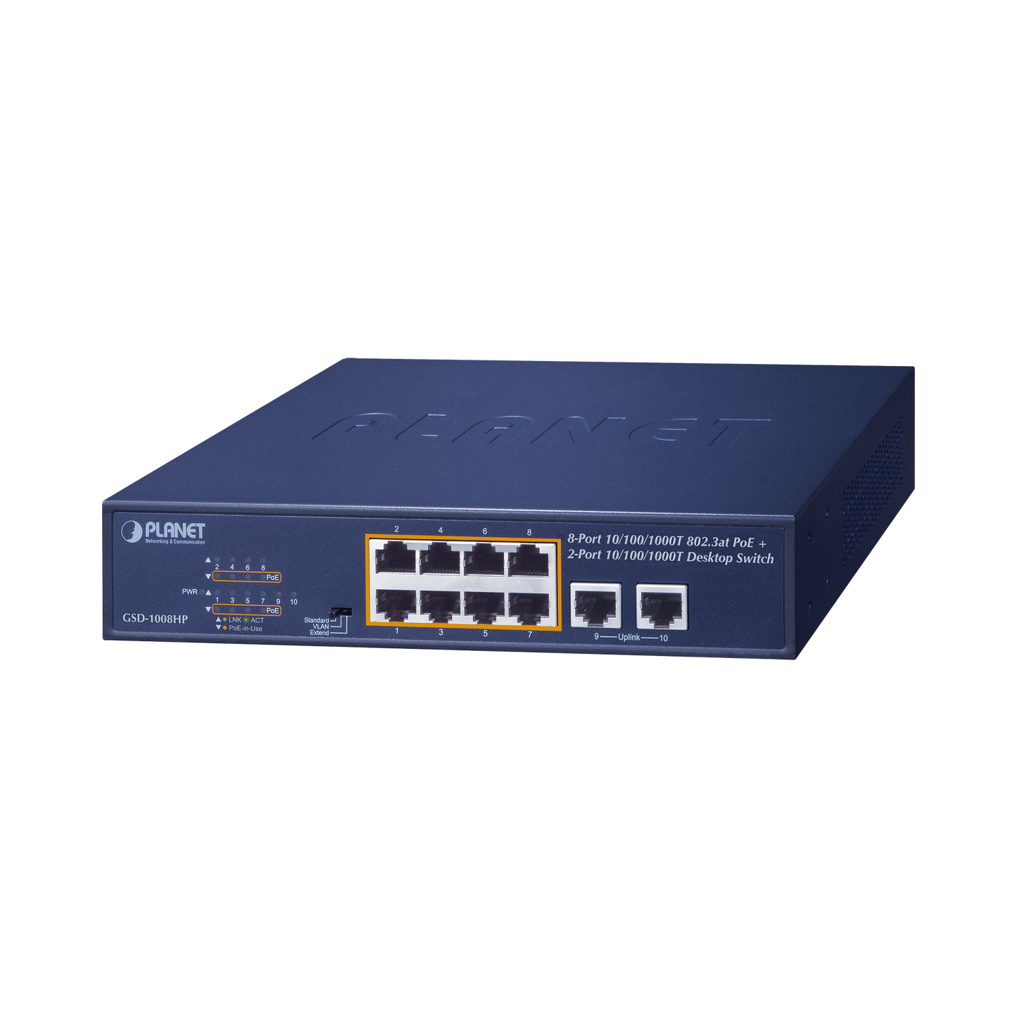 GSD-1008HP - Switch de Escritorio No Administrable / 8 Puertos 10/100/1000T PoE+ 802.3at / 2 Puertos Uplink 10/100/1000T / Presupuesto PoE 120 Watts / Modos Estándar, VLAN y Extend / Distancia Extendida 250 mts / Rackeable