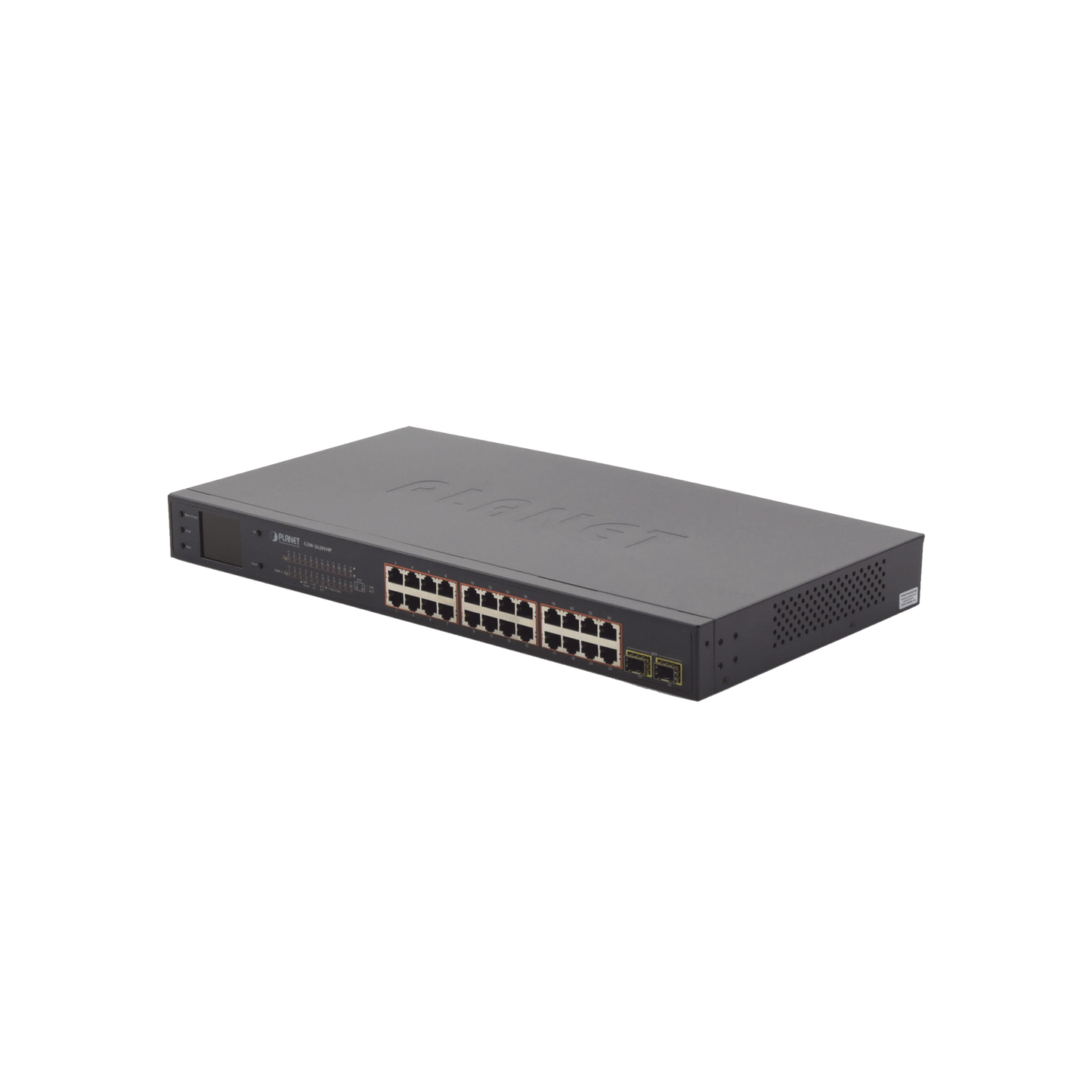 GSW-2620VHP Switch PoE de 24 Puertos Gigabit 802.3af/at con Modo Extendido 250 m, 2 Puertos SFP 1000SX , Pantalla LCD para Configuración Básica, Hasta 300 W para PoE