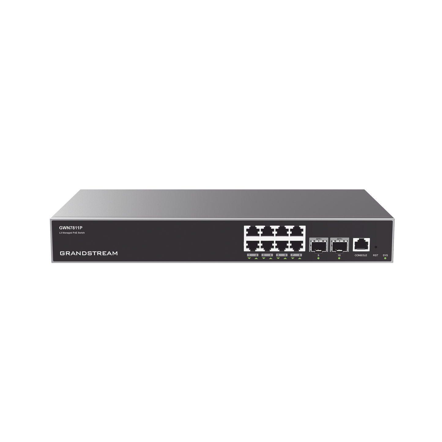 GWN7811P - Switch Capa 3 PoE+ Administrable / 8 puertos 10/100/1000 Mbps + 2 Puertos SFP+ de 10 Gigabits / Hasta 120W / Compatible con GWN Cloud.