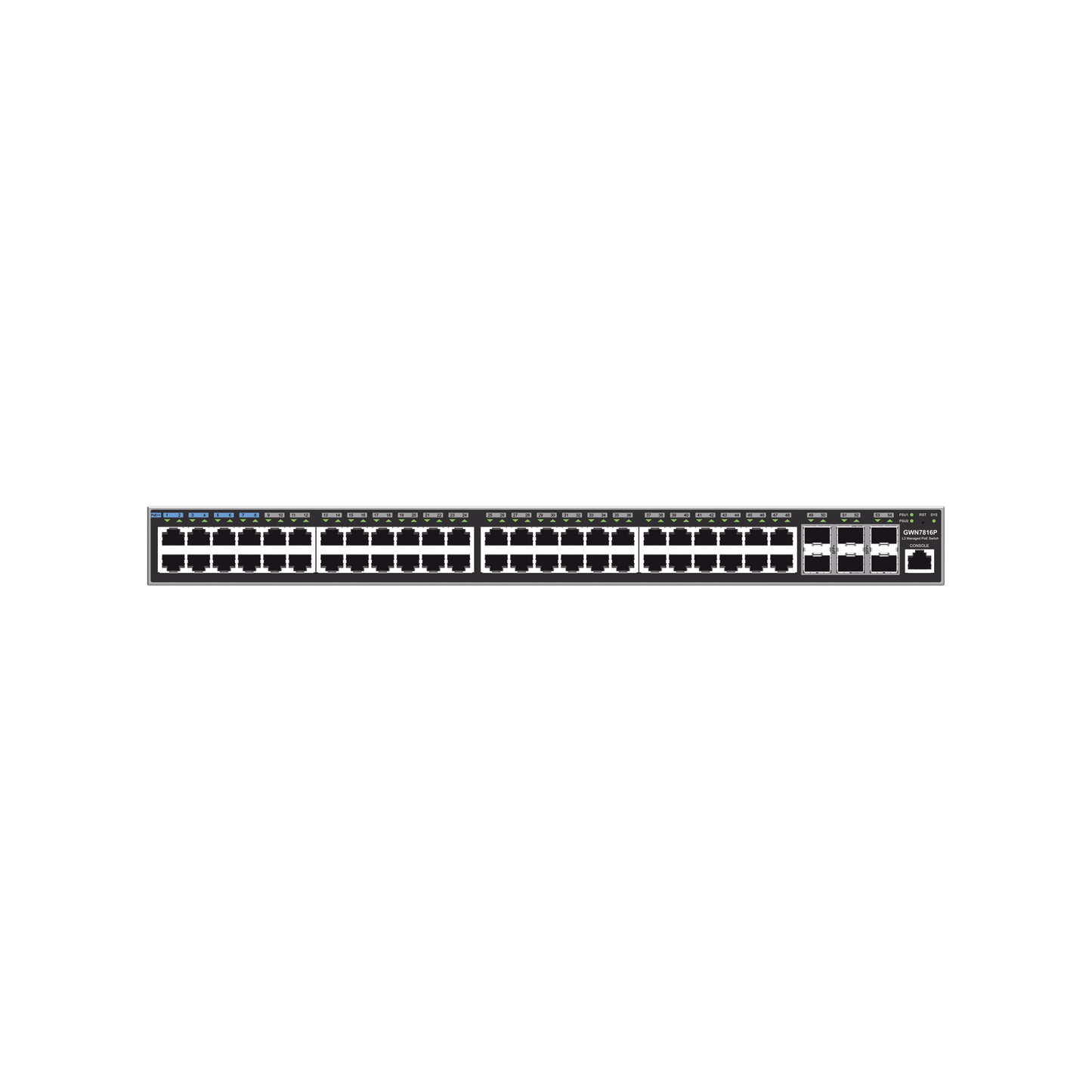 GWN7816P - Switch Capa 3 PoE+ Administrable / 48 puertos 10/100/1000 Mbps + 6 Puertos SFP+ de 10 Gigabits / Hasta 740W / Compatible con GWN Cloud.