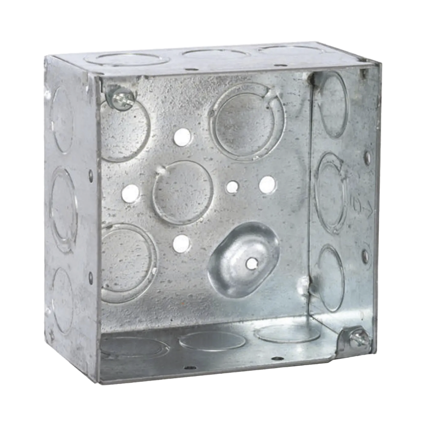 HUB-232 - Caja Cuadrada Galvanizada de 4" x 4", profundidad de 2 1/8". Cuenta con 10 KO de 1/2" y 6 TKO (1/2" - 3/4"))