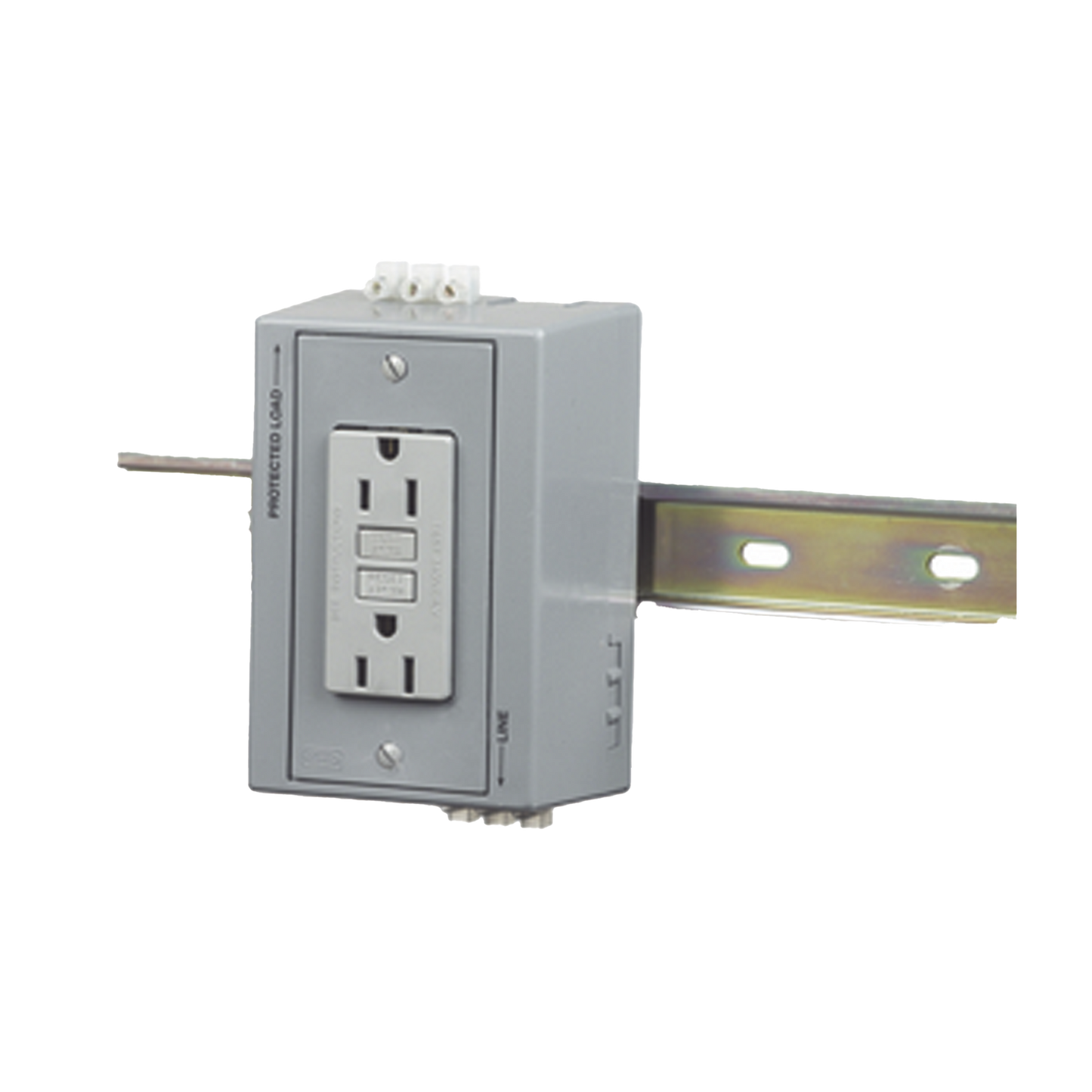 HUB-DRUB-GFI15 - Caja Utilitaria para Montaje en Riel Din con Contacto Duplex de 15 A 125 V / Nema 5-15R / Gris.