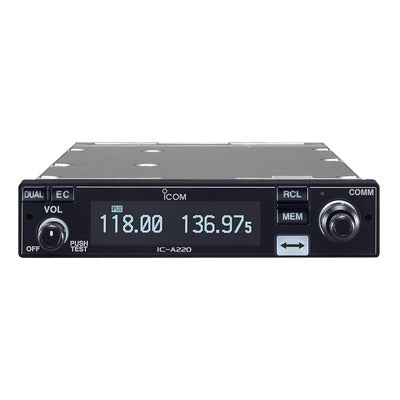IC-A220 - Radio móvil aéreo en rango de frecuencia: 118.000-136.975 MHz, cuenta con 20 canales regulares y 50 canales de memoria.