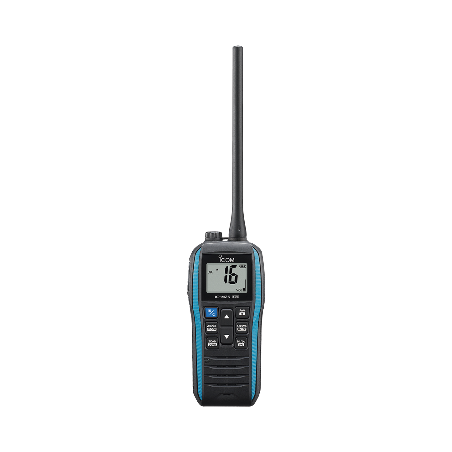 IC-M25EVOA - Radio portátil marino color azul metálico, 5 W de potencia RF, 0.5 W de salida de audio, flotante, sumergible IPX7, Tx: 156.025-157.425MHz, Rx: 156.050-163.275MHz , incluye batería de 1500mAh, cargador, antena clip y correa de mano