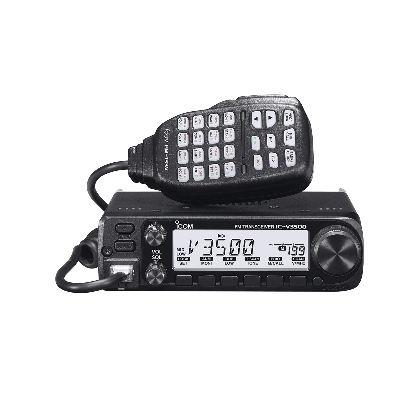 IC-V3500 - Radio móvil para aficionados con potencia de salida de 65W, Rx:136-174MHz Tx: 144-148MHz, cuenta con 207 memorias, 4.5W de potencia de audio. Incluye micrófono y accesorios de montaje