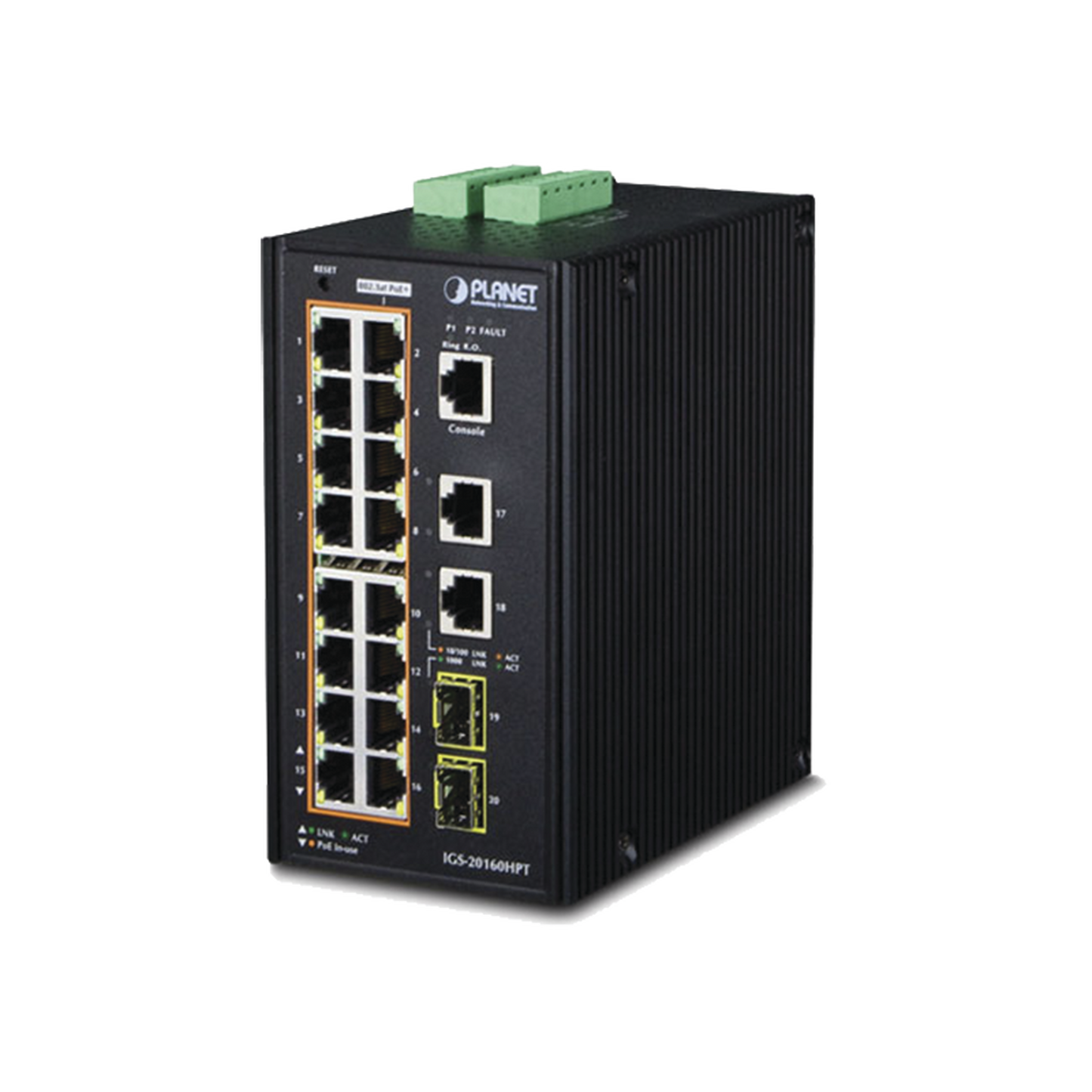 IGS-20160HPT Switch Industrial Administrable 16 puertos 10/100/1000 T 802.3at PoE + 2 Puertos 10/100/1000 T + 2 puertos 100/1000 X SFP