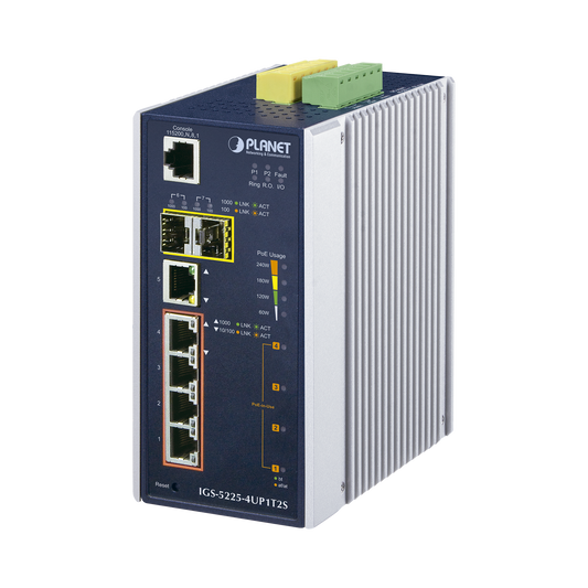 IGS-5225-4UP1T2S Switch Industrial Administrable 4 Puertos Gigabit c/Ultra PoE 802.3af/at, 2 Puertos SFP