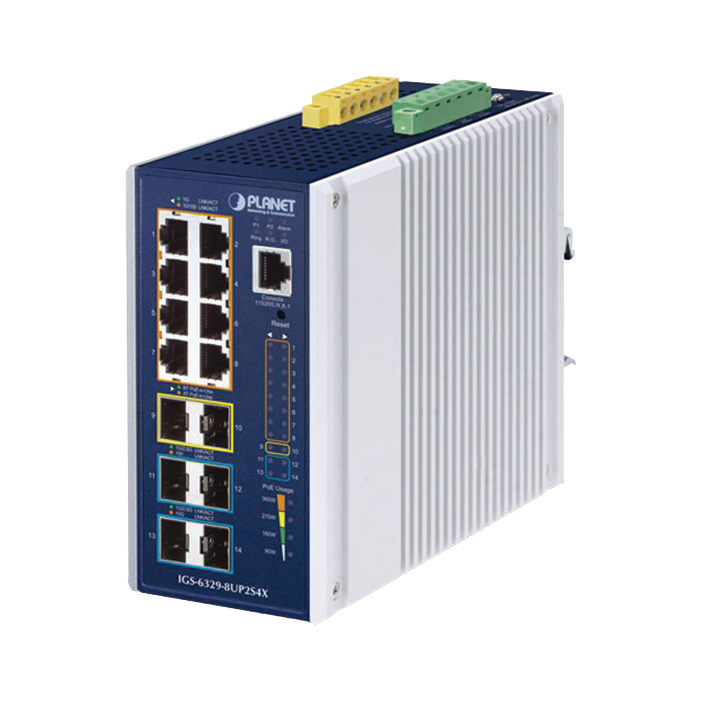 IGS-6329-8UP2S4X - Switch Industrial Capa 3 de 8 Puertos 10/100/1000T PoE 802.3bt, 2 Puertos SFP 1 G/2.5 G, 4 Puertos SFP 10G, Instalación en Pared o Puerto DIN.