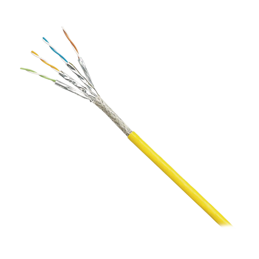 ISX6X04AYL-LED Bobina de Cable Blindado S/FTP Categoría 6A, Uso Industrial con Resistencia al Aceite, Rayos UV y Abrasión, Multifilar (Flexible), Color Amarillo, Bobina de 500m