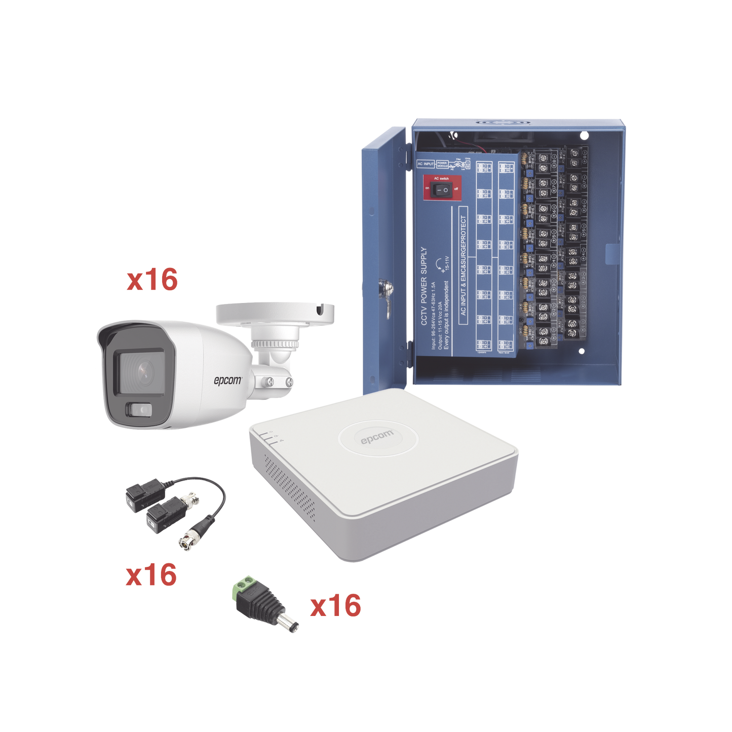 KE1080PL/16BCA Kit TurboHD 1080p Lite / DVR 16 Canales / 16 Cámaras Bala Exterior ( 2.8mm) con ColorVu + Micrófono Integado / Transceptores / Conectores / Fuente de Poder Profesional