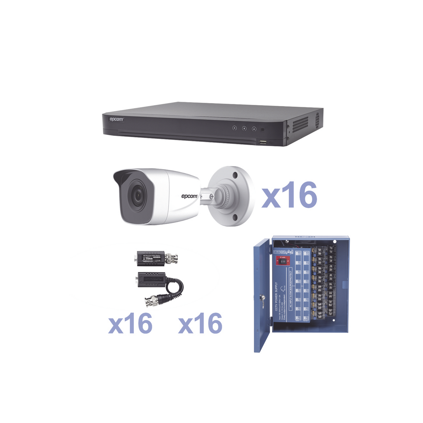 KEVTX8T16BW KIT TurboHD 1080p / DVR 16 Canales / 16 Cámaras Bala (exterior 2.8 mm) / Transceptores / Conectores / Fuente de Poder Profesional
