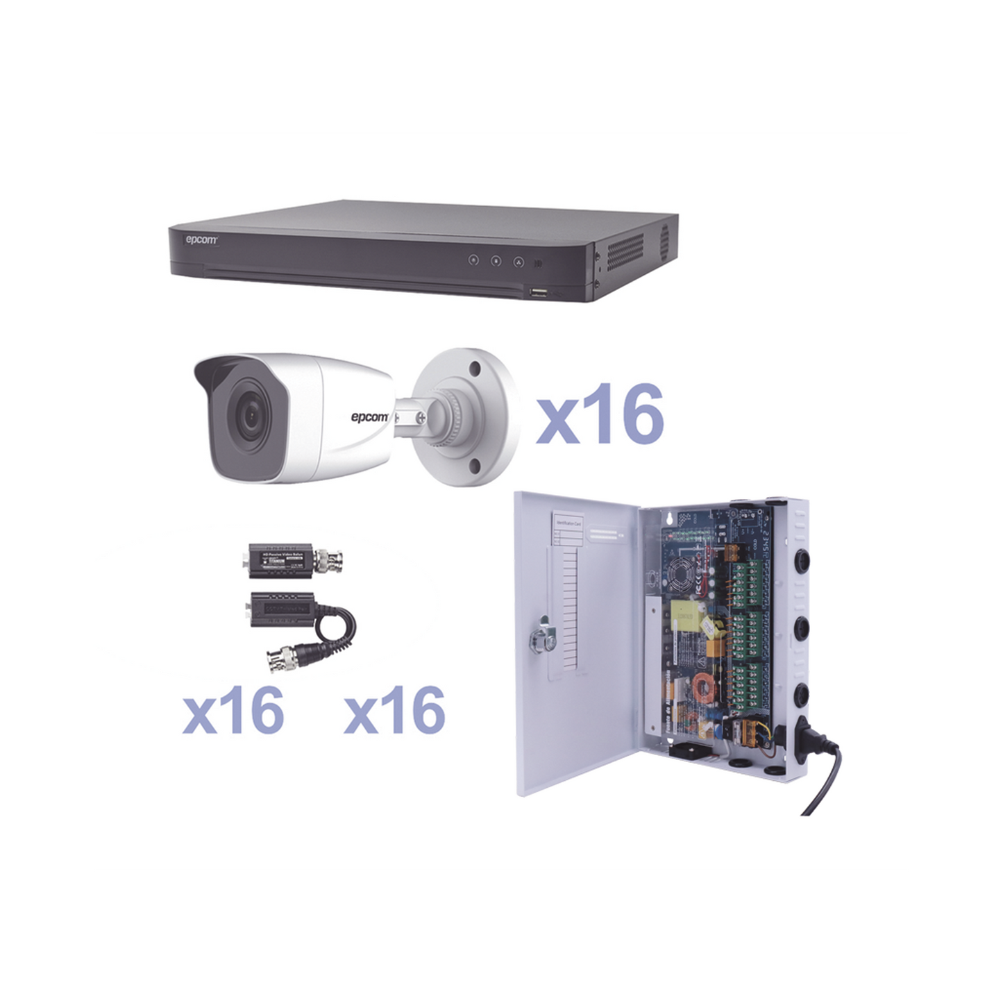 KEVTX8T16BW - KIT TurboHD 1080p / DVR 16 Canales / 16 Cámaras Bala (exterior 2.8 mm) / Transceptores / Conectores / Fuente de Poder Profesional