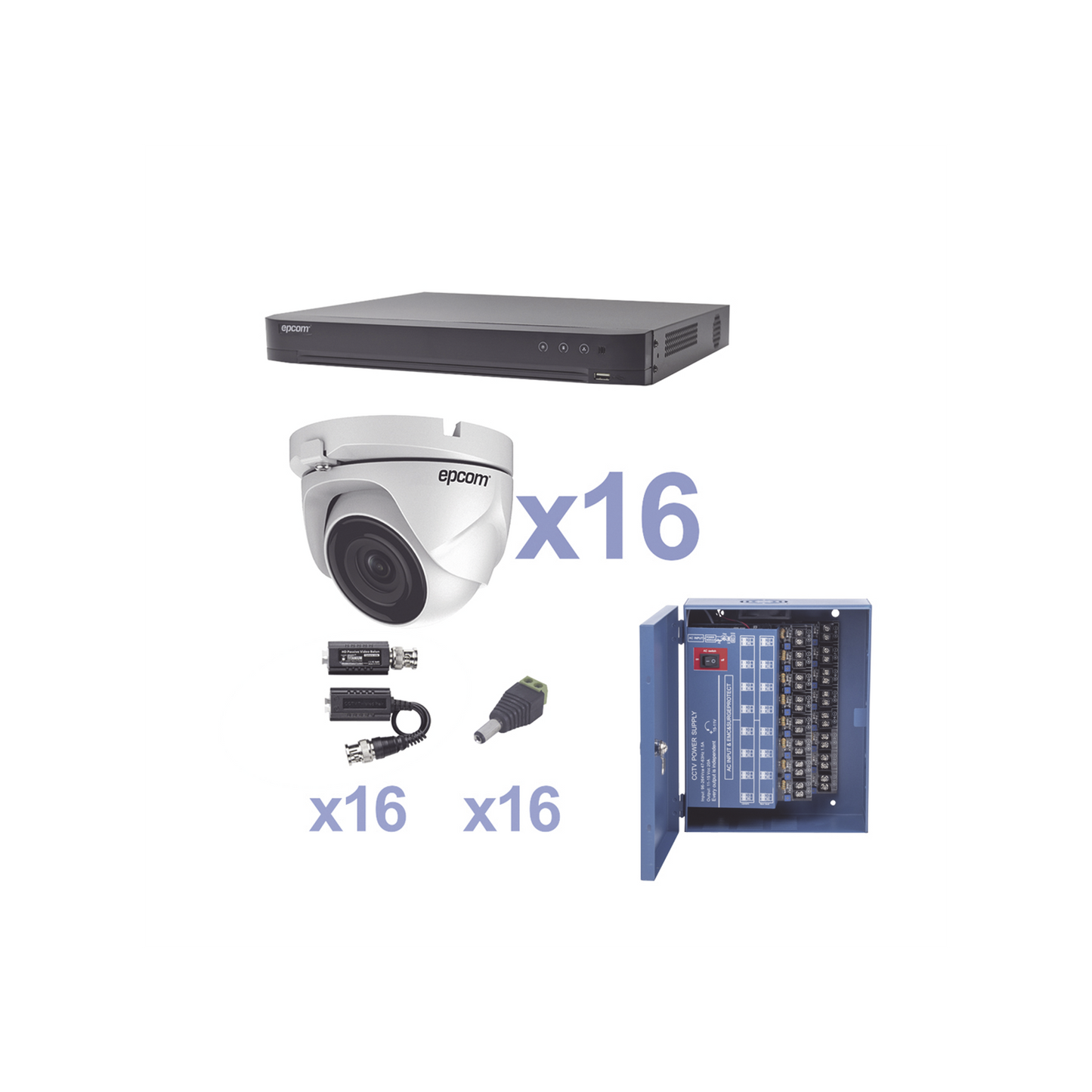 KEVTX8T16EW KIT TurboHD 1080p / DVR 16 Canales / 16 Cámaras Eyeball (exterior 2.8 mm) / Transceptores / Conectores / Fuente de Poder Profesional
