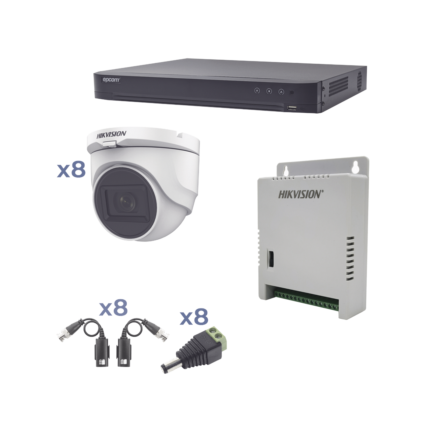 KH1080P8DW - Kit TURBOHD 1080p / DVR 8 Canales / 8 Cámaras Turret (exterior 2.8 mm) / Conectores / Transceptores / Fuente de Poder Profesional hasta 15 Vcc para Larga Distancia