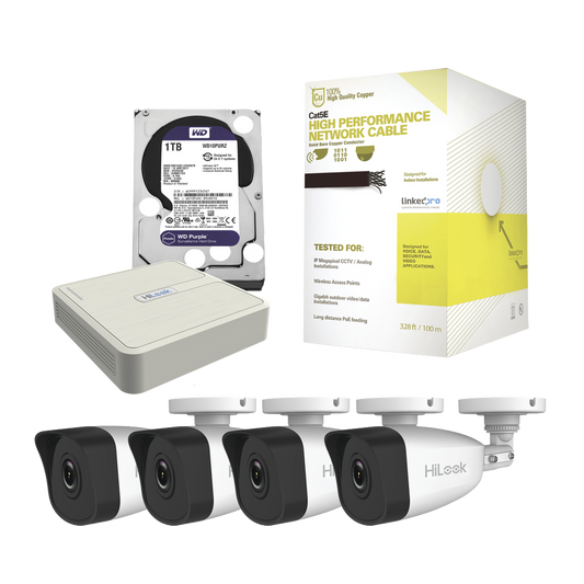 KHL4B/1TB Kit IP 4 Megapixel / NVR de 4 Canales / 4 Cámaras IP / Bobina de Cable de 100 mts / Disco Duro 1 TB