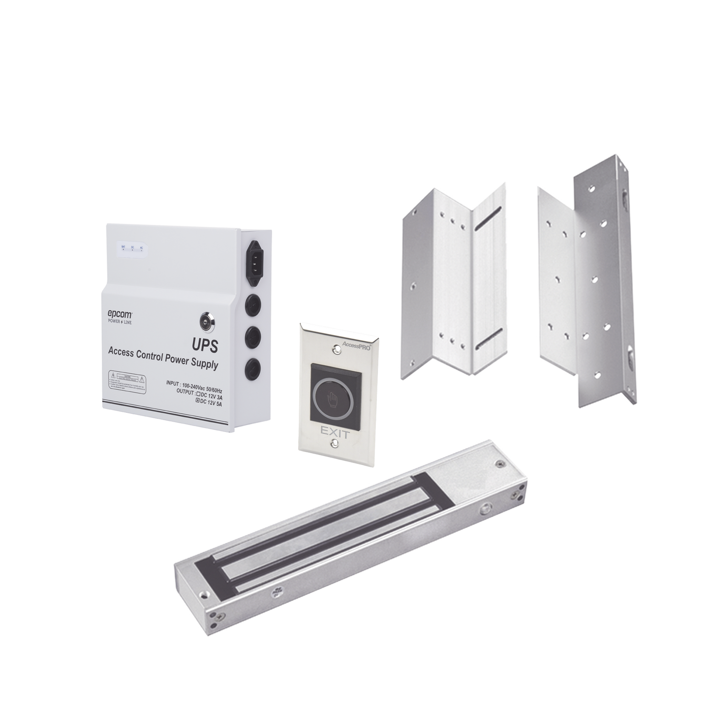 KITMAG12V Kit para control de acceso incluye Fuente de 12VCD con respaldo de batería/ Chapa magnética de 600Lbs / Montajes L y Z / Botón de salida