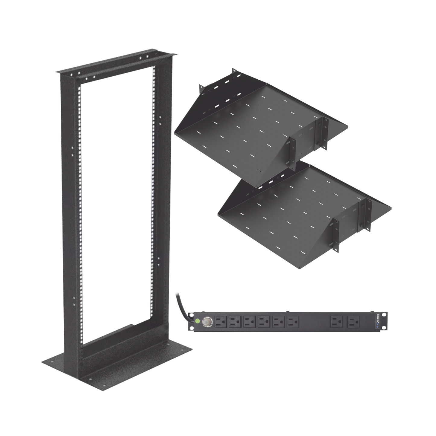 KIT-ORG-24HD - Kit de Rack Estándar 19", 24 UR con 2 Charolas y PDU (8 tomas). Ideal para UPS y Servidores tipo Torre.