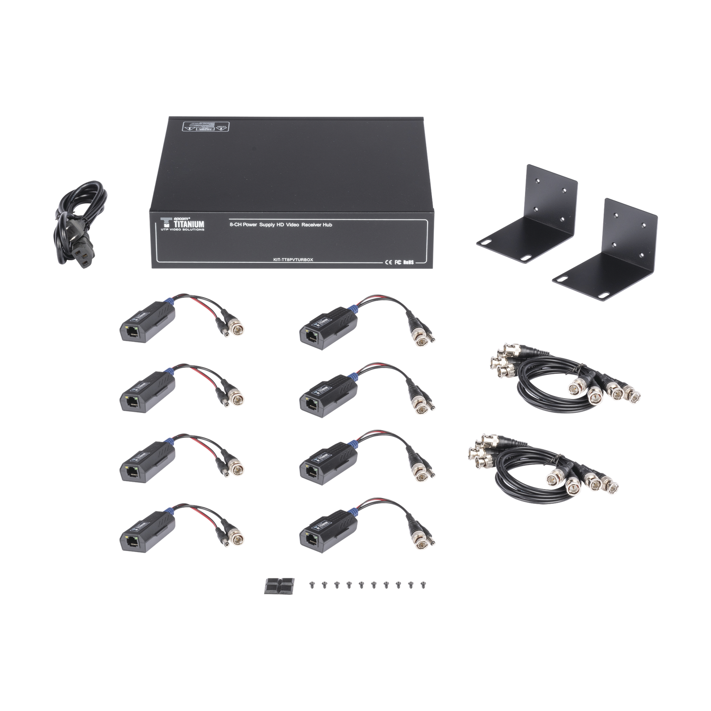 KITTT8PVTURBOX - Kit de TRANSCEPTOR ACTIVO DE 8 CANALES / VIDEO+PODER en un solo Cable UTP / 150 metros en 4K, 200 metros en 5 MP/ Envía 36 Vcc y Recibe 12 Vcc / TODO INCLUIDO PARA RACK / Compatible con cámaras HD-TVI/CVI/AHD/CVBS / INSTALACIÓN LIMPIA