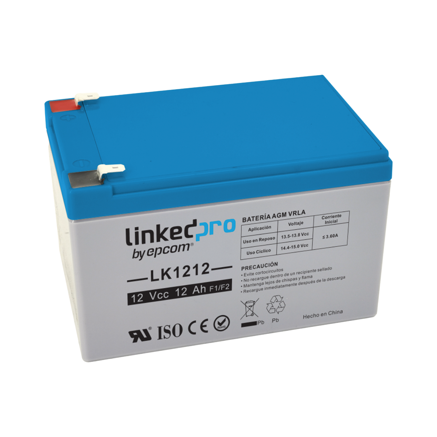 LK1212 Batería 12 Vcc / 12 Ah / UL / Tecnología AGM-VRLA / Para uso en equipo electrónico, Alarmas de Intrusión / Incendio/ Control de acceso / Video Vigilancia / Terminales F1 ( Incluye adaptador para terminal F2 ) .