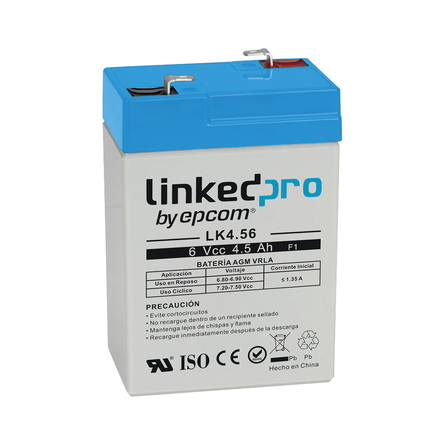 LK4.56 Batería 6 Vcc / 4.5 Ah / UL / Tecnología AGM-VRLA / Para uso en equipo electrónico, Alarmas de Intrusión / Incendio/ Control de acceso / Video Vigilancia / Terminales F1 ( Incluye adaptador para terminal F2 )  y F2.