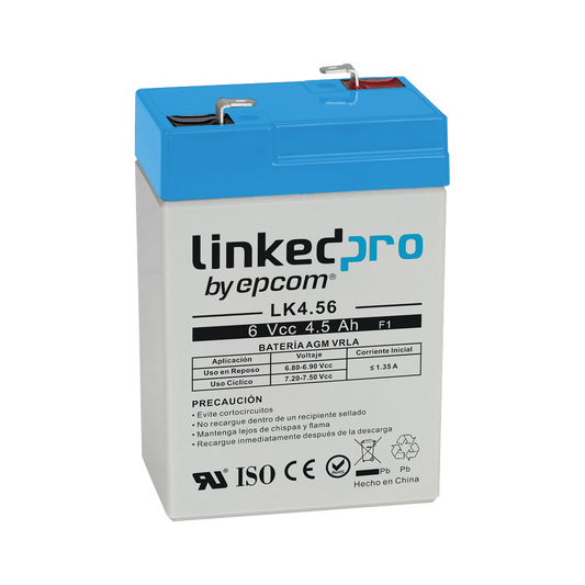 LK4.56 Batería 6 Vcc / 4.5 Ah / UL / Tecnología AGM-VRLA / Para uso en equipo electrónico, Alarmas de Intrusión / Incendio/ Control de acceso / Video Vigilancia / Terminales F1 ( Incluye adaptador para terminal F2 )  y F2.