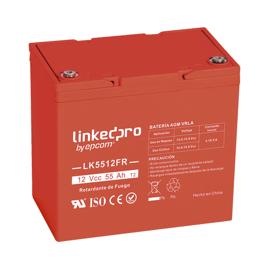 LK5512FR Batería 12 Vcc / 55 Ah / UL / Tecnología AGM-VRLA / Retardo a la flama / Para uso en equipo electrónico, Alarmas de Intrusión / Incendio/ Control de acceso / Video Vigilancia / T2