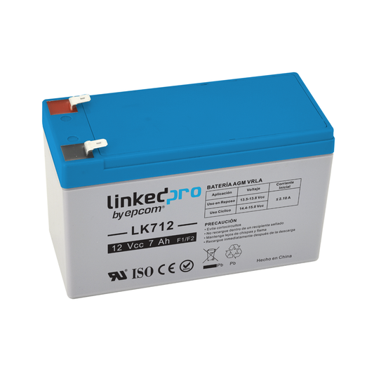 LK712 Batería 12 Vcc / 7 Ah / UL / Tecnología AGM-VRLA / Para uso en equipo electrónico, Alarmas de Intrusión / Incendio / Control de acceso / Video Vigilancia / Terminales F1 ( Incluye adaptador para terminal F2 ).