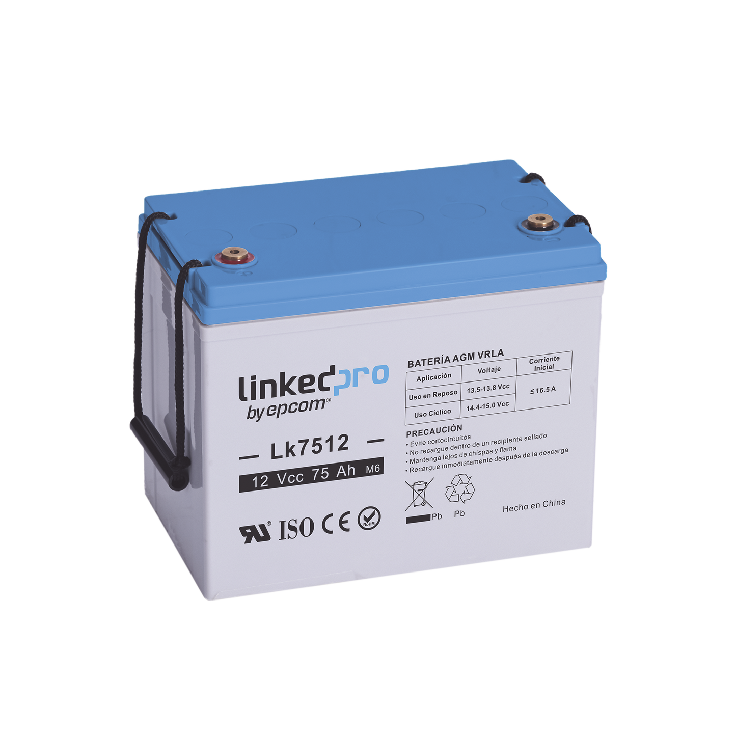 LK7512 Batería 12 Vcc / 75 Ah / UL / Tecnología AGM-VRLA / Para uso en equipo electrónico / Sistemas de emergencia y aplicaciones fotovoltaicas Terminales T3