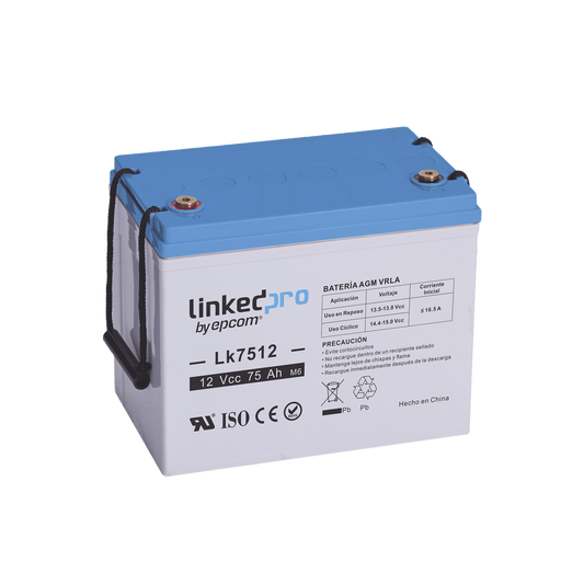 LK7512 Batería 12 Vcc / 75 Ah / UL / Tecnología AGM-VRLA / Para uso en equipo electrónico / Sistemas de emergencia y aplicaciones fotovoltaicas Terminales T3