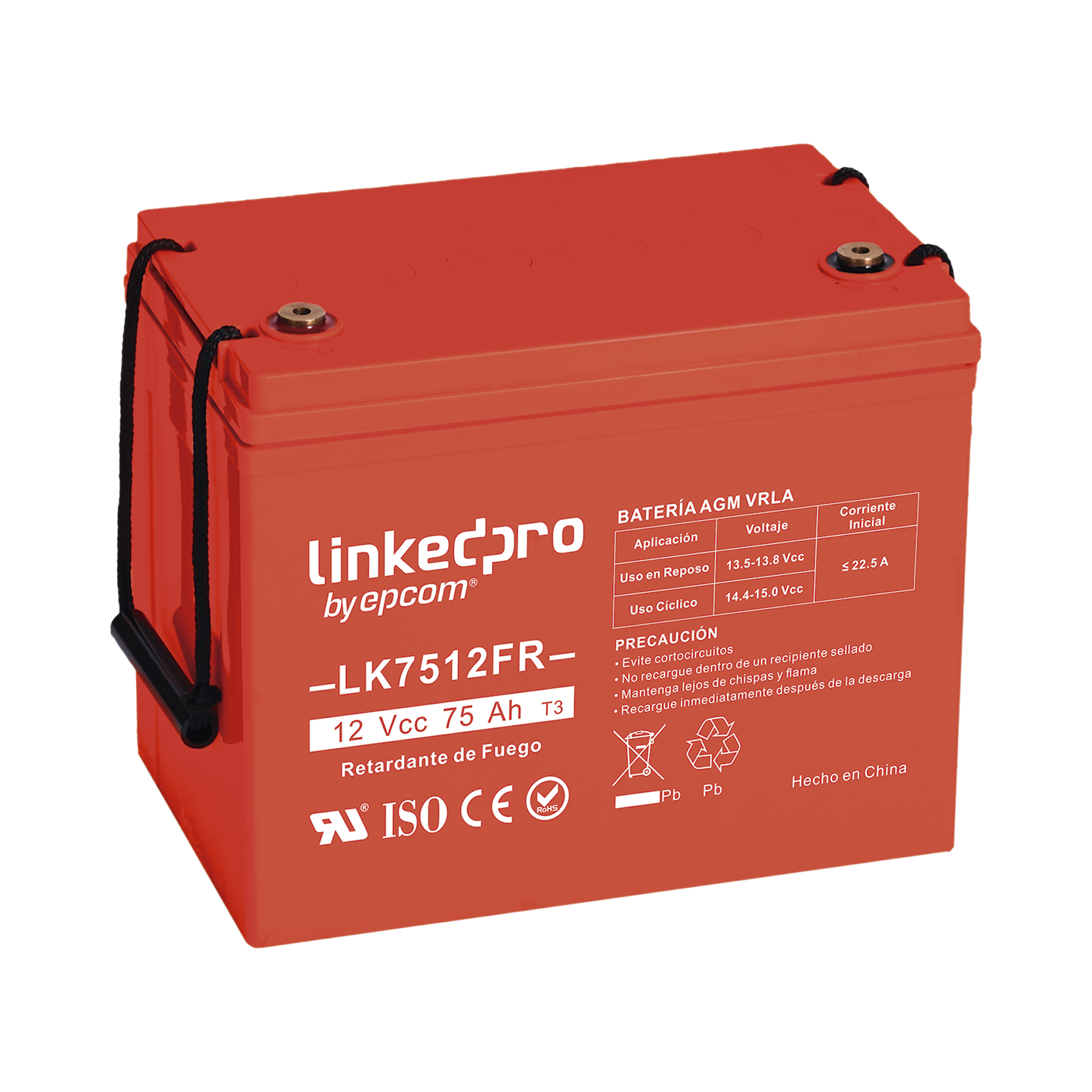 LK7512FR Batería 12 Vcc / 75 Ah / UL / Tecnología AGM-VRLA / Retardo a la flama / Para uso en equipo electrónico, Alarmas de Intrusión / Incendio/ Control de acceso / Video Vigilancia / T2