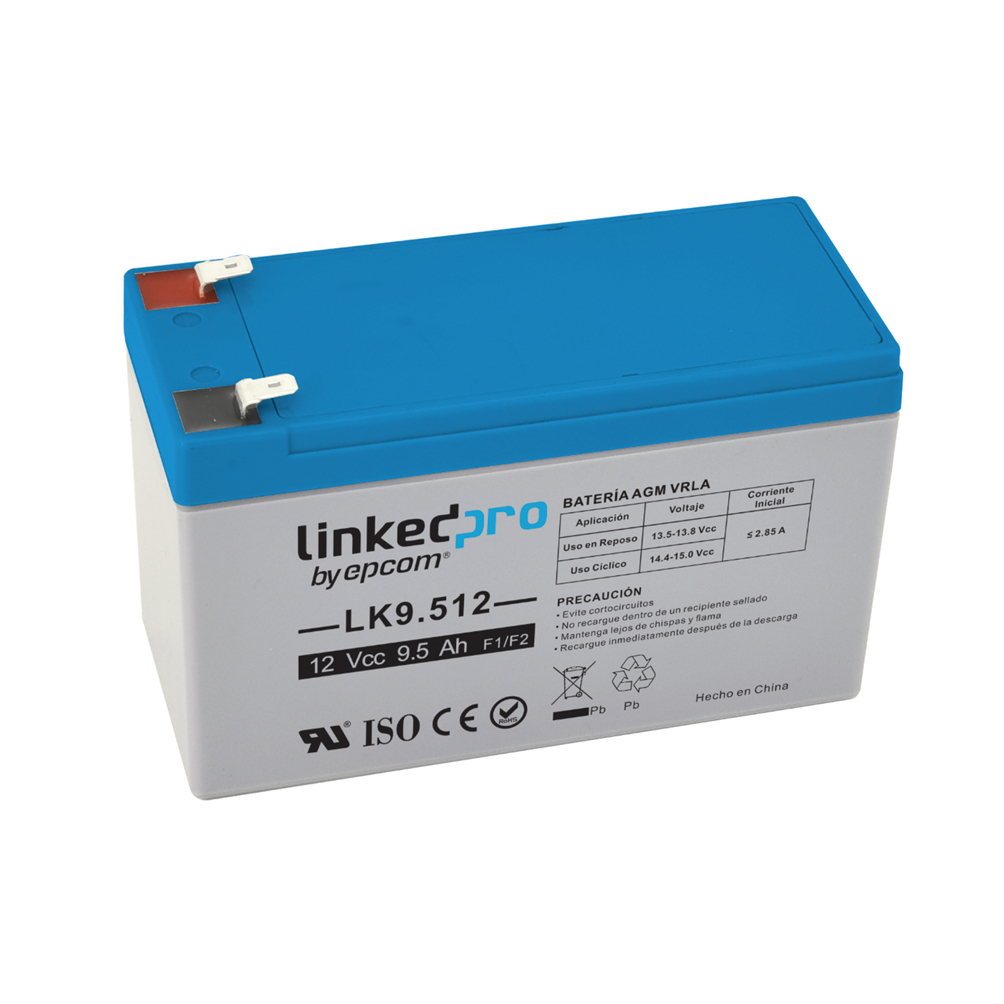 LK9.512 Batería 12 Vcc / 9.5 Ah / UL / Tecnología AGM-VRLA / Para uso en equipo electrónico, Alarmas de Intrusión / Incendio/ Control de acceso / Video Vigilancia / Terminales F1 ( Incluye adaptador para terminal F2 ).