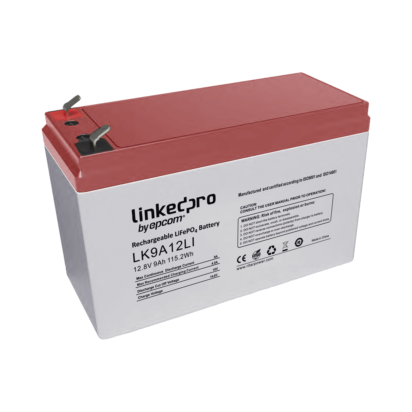 Batería 12.8 Vcc / 9 Ah / Tecnología LiFePO4 /2000 Ciclos de Vida/ Para uso en equipo electrónico, UPS (litio) / Incendio/ Control de acceso / Video Vigilancia / Terminales F1 ( Incluye adaptador para terminal F2 )