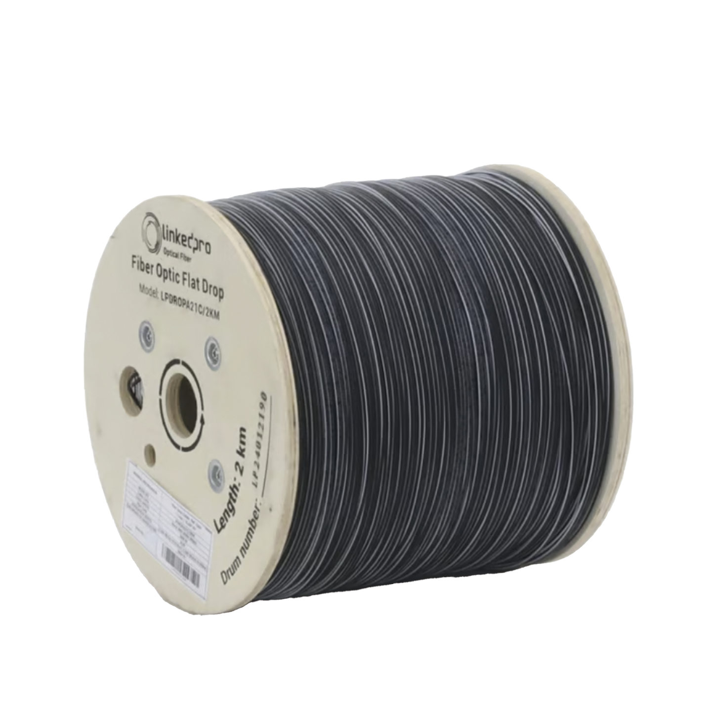 LPDROPA21C/2KM Carrete de 2 km de Fibra Óptica Drop Plana, Interior/Exterior G.657A2 Monomodo de 1 hilo (unifibra), Dieléctrica, Forro Negro, Compatible con Conectores FASC, FASCUP, FASCLC