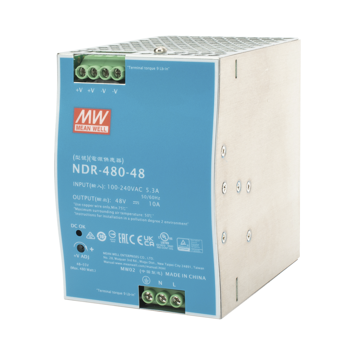 NDR-480-48 Fuente de Poder Industrial de 480W, salida 48 Vcc, para montaje en riel Din
