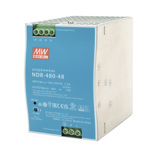 NDR-480-48 Fuente de Poder Industrial de 480W, salida 48 Vcc, para montaje en riel Din